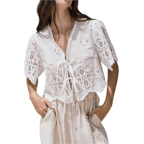 SOLY HUX Women's Hollow Tie Front Crop Tops Ruffle Short Sleeve V Neck Summer Blouse Shirts in Kuwait