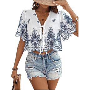 Soly Hux Women's Hollow Tie Bront Front Tops Shuffle Short Sleeve V Neck Summer Plouse Shirts