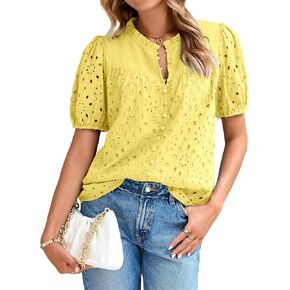 Glamaker Womens Summer Tops Blouse 2025 Casual Eyelet Embroidered Short Puff Sleeve Lace Hollow Out Button Dressy Shirts