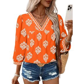 SHEWIN Women's Casual V Neck Floral Print Chiffon Blouses 3/4 Sleeve Boho Summer Tops Shirts