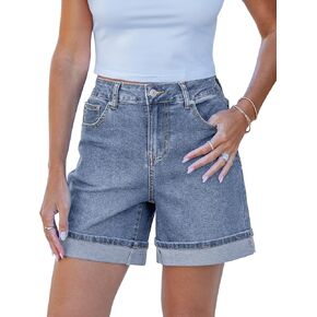 luvamia Jean Shorts for Women Trendy High Waisted Mid Thigh Fold Hem Cutoff Casual Summer Stretchy Denim Shorts Jorts in Kuwait