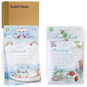 Watermark & Seaspray Scented Sachet Packet 6 Pack Fresh (3 Pack of Each) with Scent n Stories Box, Long Lasting Air Freshener Bags for Drawers, Closets & Cars