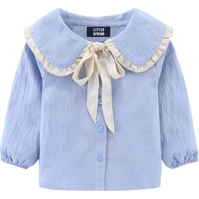LittleSpring Girls Button Down Shirt with Peter Pan Collar Tie Bow Blouse