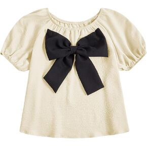 OYOANGLE Girl's Cute Bow Puff Short Sleeve Crew Neck Blouse Summer Babydoll Tops