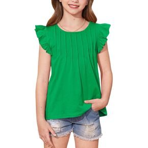 BesserBay Girls Summer Flutter Sleeve Crew Neck Pleated Front Tops Solid Shirred Casual Loose Fit Shirts 5-14 Years