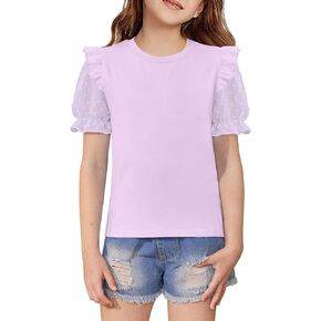 BesserBay Girls Summer Cute Swiss Dot Mesh Short Puff Sleeve T Shirts Layered Ruffle Flutter Crewneck Blouses 6-14 Years