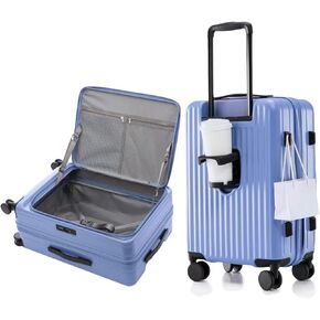 HotWay 20 Inch Expandable Carry On Luggage with Cup Holder, Hardside TSA Approved Luggage with Spinner Wheels, Top Opening Suitcase For Travel, Black