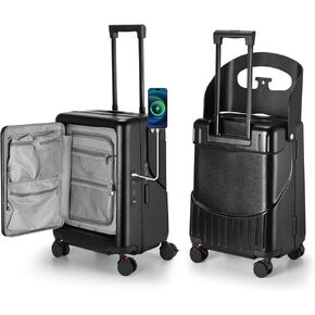 Ride On Luggage with Foldable Seat for Kids&Adults with Seat Belt,Hardshell Ride On Suitcase with Front Pocket,Lockable 4-Spinner Wheels,USB Port,TSA Lock,20 inch,Black