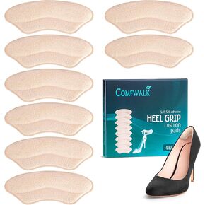 Heel Grip Cushion Pads - 4 Pairs, Self-Adhesive, Shoe Inserts for Loose Shoes, Snug Fit, Blister Prevention, Heel Comfort for Men and Women, Ideal for High Heels (Beige, Lip-Shaped)