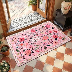 2x3 Pink Floral Rug for Entryway, Flowers Printed Washable Small Rugs with Non Slip Backing for Girls Bedroom Kitchen, Cute Throw Carpet Front Door Entry Decor