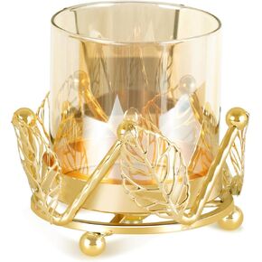 Hurricane Candle Holder, Gold Pillar Candle Holder with Leaf-Shaped Decorative Accents & Windproof Glass Lid, Perfect for Weddings, Dinners, Parties & Special Events