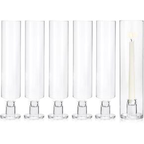 Vixdonos Glass Hurricane Candle Holder مجموعة من 6 حاملي شمعدان عصريين طويل تفتق مع الشمعة مع 11.8 بوصة غطاء مقاوم للرياح لأسطوانة لحفل الزفاف المركزية في الهواء الطلق