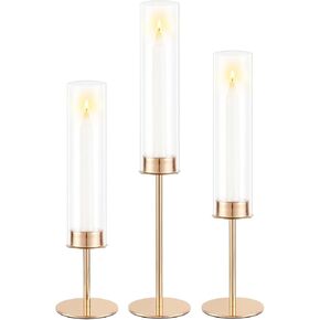 Gold Hurricane Glass Candle Holders Tall Candlestick Holders Set of 3 Taper Candle Holders Decor for Table Centerpiece Wedding Dinning Party Christmas Decorations