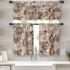 Coffee Kitchen Window Curtains Valance and Tier Set 36 Inch, Brown Farmhouse Rod Pocket Short Tier Curtain, Retro Vintage Small Cafe Drapes for Kitchen Decor
