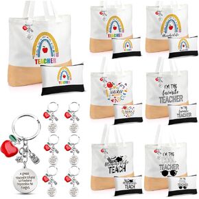 18 Pcs End of Year Teacher Gifts Teacher Appreciation Gifts Canvas Thank You Tote Bag Makeup Bag Keychain for Women Graduation Retirement