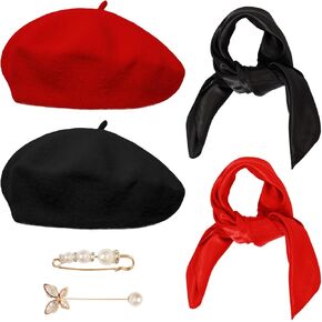 6 PCS BERET HAT Solid Color French Beret Cap مع دبابيس بروش وشاح حريري للنساء