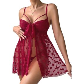 Christmas Lingerie For Women Sexy Gift, Unwrap Me Bow Heart Flowy Babydoll Valentines, Sheer Mesh Sleepwear Exotic