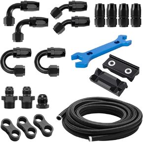 6AN Fuel Line Kit, AN6 Nylon Braided CPE Fuel Line Hose 20FT With 6AN Hose End Fittings Straight/45/90/180 Degree and Hose Fittings Adapters