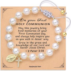 First Communion Gifts, Virgin Mary Pearl Bracelet 14K Gold Plated Charm Bracelets Rope Adjustable Cross Bracelet
