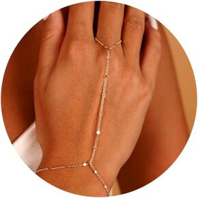 Gold Bracelets for Women, 14k Gold Plated Hand Chain Bracelet, 2 Pcs Ring Bracelets for Women Trendy Dainty Cubic Zirconia Bracelet Ring Bracelet Hand Jewelry Adjustable 6.3'+2'