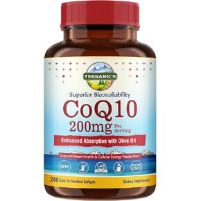 Terranics CoQ10 200mg, Coenzyme Q10 Supplement with Extra Virgin Olive Oil for Enhanced Absorption, Made in USA, Supports Heart Health, Antioxidant Protection, Energy Production, Non-GMO, 240 Softgels