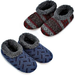 2-Pair Men's Slipper Socks Fluffy Sherpa Lined, Winter Cable Knit Warm Gripper Sock Set Non-Skid Soles, Cozy Gifts for Men, Sizes 8-15
