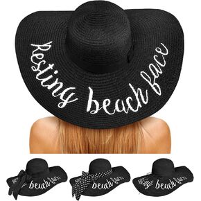 Beach Hats for Women, Floppy Straw Sun Hat Embroidered Wide Brim Foldable for Summer Honeymoon Vacation Travel Cruise UPF 50+