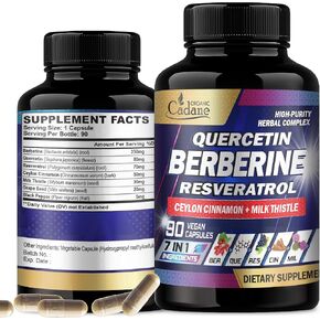 Organic Cadane 7in1 Pure Berberine Supplement with Quercetin, Ceylon Cinnamon, Resveratrol, Milk Thistle, Grape Seed, and Black Pepper - 90 Capsules for 3-Month Supply - Immunity Health Support