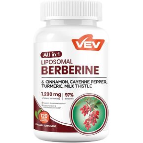 ملحق Vev Berberine مع Ceylon Cinnamon و Cayenne Pepper و Turmeric و Milk Thistle و Vegan وغير المعدلة وراثيًا-120 كبسولة