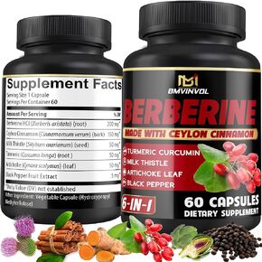 Berberine Supplement with Ceylon Cinnamon, Turmeric, Artichoke, Milk Thistle - Berberine HCl Supplement Pills - 60 Capsules [2-Month Supply]