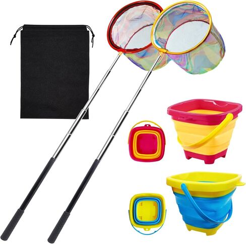 2PCS Fishing Net with Bucket, Telescopic Fishing Landing Net with Handle for Kids, Collapsible Kids Sand Bucket, Kids Fishing Net Butterfly Net for Freshwater Saltwater Outdoor Playing in Saudi Arabia