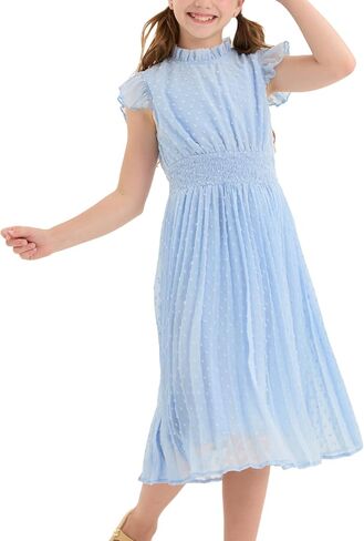 PATPAT Girls Casual Ruffle Sleeves Dresses A-line Elegant Midi Party Dress 5-14 Years in Kuwait