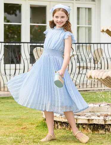 PATPAT Girls Casual Ruffle Sleeves Dresses A-line Elegant Midi Party Dress 5-14 Years in Kuwait