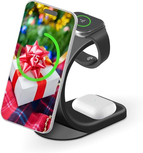 MMOBIEL Wireless Charging Station Compatible with iPhone, Apple Watch and AirPods – 3-in-1 Wireless Charger Stand 18W – Magnetic Wireless Fast Charging Dock Compatible with Qi Magsafe Charging – Black in Kuwait