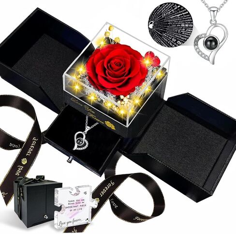 Preserved Real Rose-Eternal Flowers Rose Mothers Day for Mom Women Her Wife Girlfriend on Birthday Valentines with I Love You Necklace 100 Languages Romantic Gift in Saudi Arabia