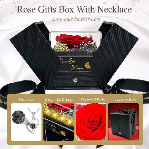 Preserved Real Rose-Eternal Flowers Rose Mothers Day for Mom Women Her Wife Girlfriend on Birthday Valentines with I Love You Necklace 100 Languages Romantic Gift in Saudi Arabia