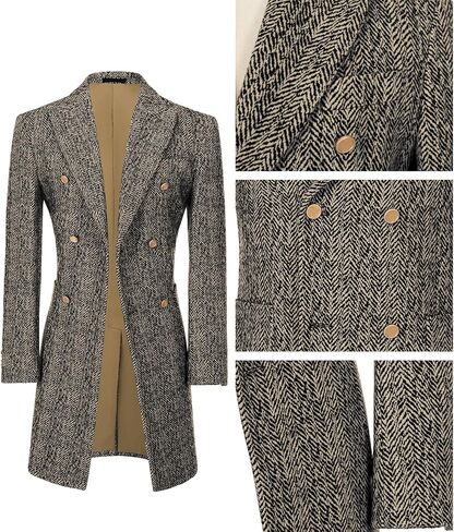Men's Wool Jackets & Coats Herringbone Casual Winter Trench Coat Long Jacket Warm Overcoat Peacoat for Men in Saudi Arabia