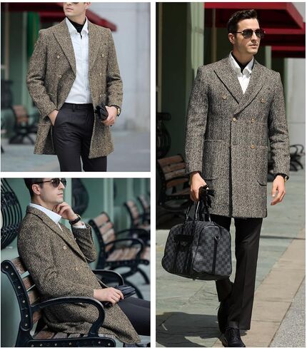 Men's Wool Jackets & Coats Herringbone Casual Winter Trench Coat Long Jacket Warm Overcoat Peacoat for Men in Saudi Arabia