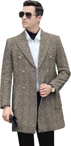 Men's Wool Jackets & Coats Herringbone Casual Winter Trench Coat Long Jacket Warm Overcoat Peacoat for Men in Saudi Arabia