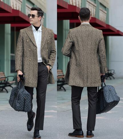 Men's Wool Jackets & Coats Herringbone Casual Winter Trench Coat Long Jacket Warm Overcoat Peacoat for Men in Saudi Arabia