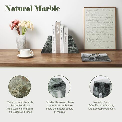 Marble Bookends for Heavy Books, Decorative Bookends for Shelves, Green Stone Book Ends, Heavy-Duty Book Ends for Hardback Book & Cookbooks, Unique Book Stopper & Holder, Set of 2 in Kuwait