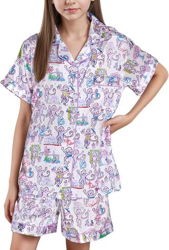 Ugly Girls Summer Outfit, Kids 2 Piece Button Down Monkey Beach Shorts Set Cute Animal Y2k Preppy Loungewear in Saudi Arabia