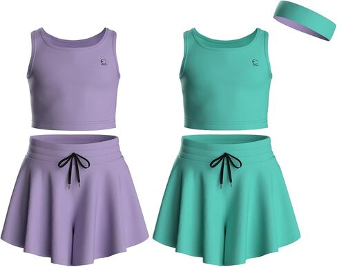 Flowy Girls Butterfly Shorts Skirts w/Pockets & Athletic Sleeveless Tank Tops, Dance Tennis Cheer Running (5pc Set) in Saudi Arabia