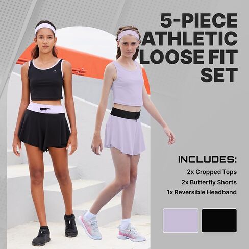 Flowy Girls Butterfly Shorts Skirts w/Pockets & Athletic Sleeveless Tank Tops, Dance Tennis Cheer Running (5pc Set) in Saudi Arabia