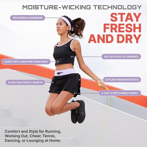 Flowy Girls Butterfly Shorts Skirts w/Pockets & Athletic Sleeveless Tank Tops, Dance Tennis Cheer Running (5pc Set) in Saudi Arabia