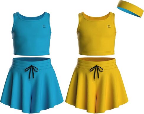 Flowy Girls Butterfly Shorts Skirts w/Pockets & Athletic Sleeveless Tank Tops, Dance Tennis Cheer Running (5pc Set) in Saudi Arabia