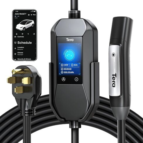 Tera 2025 New EV Charger for Tesla 40A 2.8" Largest Display ETL FCC 25FT NACS Level 2 NEMA 14-50 Plug & NEMA 5-15 for Level 1 Waterproof Patent IP66 Portable EV Charger for Tesla Model Y/3/S/X P06 in Saudi Arabia