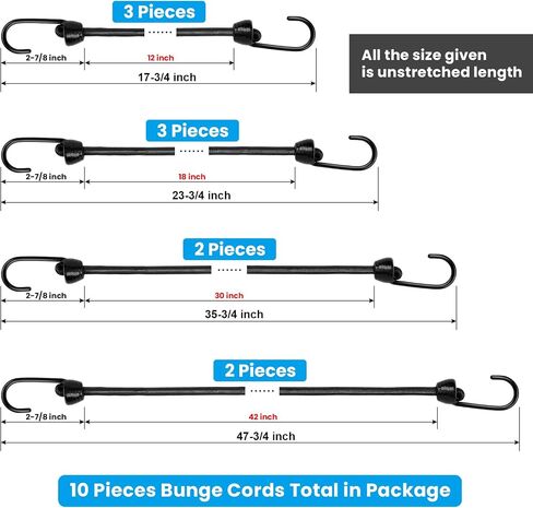 Small Bungee Cords with Hooks Assorted Size of 12 inch, 18 inch,24 inch and 36 inch Length, Marine Grade Dip Coating Metal Hooks Without Sharp End, 1/4 inch Diameter Rubber Bungee Cord in Saudi Arabia