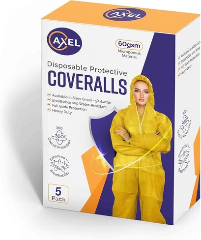 AXEL Yellow Hazmat Suits Disposable | 8 Size Options | 1 Pack, 5 Pack, or 20 Pack | Breathable Protective Coveralls with Hood in Kuwait