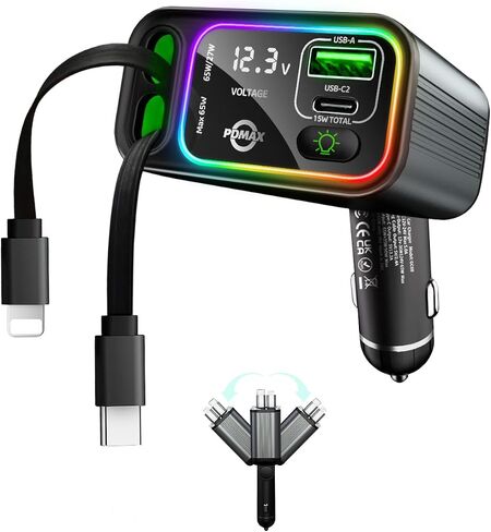 4-in-1 Retractable Car Charger - 90W Fast Car Phone Charger with Dual Retractable Cables (USB-C & iOS) and USB Ports, Compatible with iPhone 15/14/13/12/11, iPad Pro, S24/23/22, Pixel in Saudi Arabia